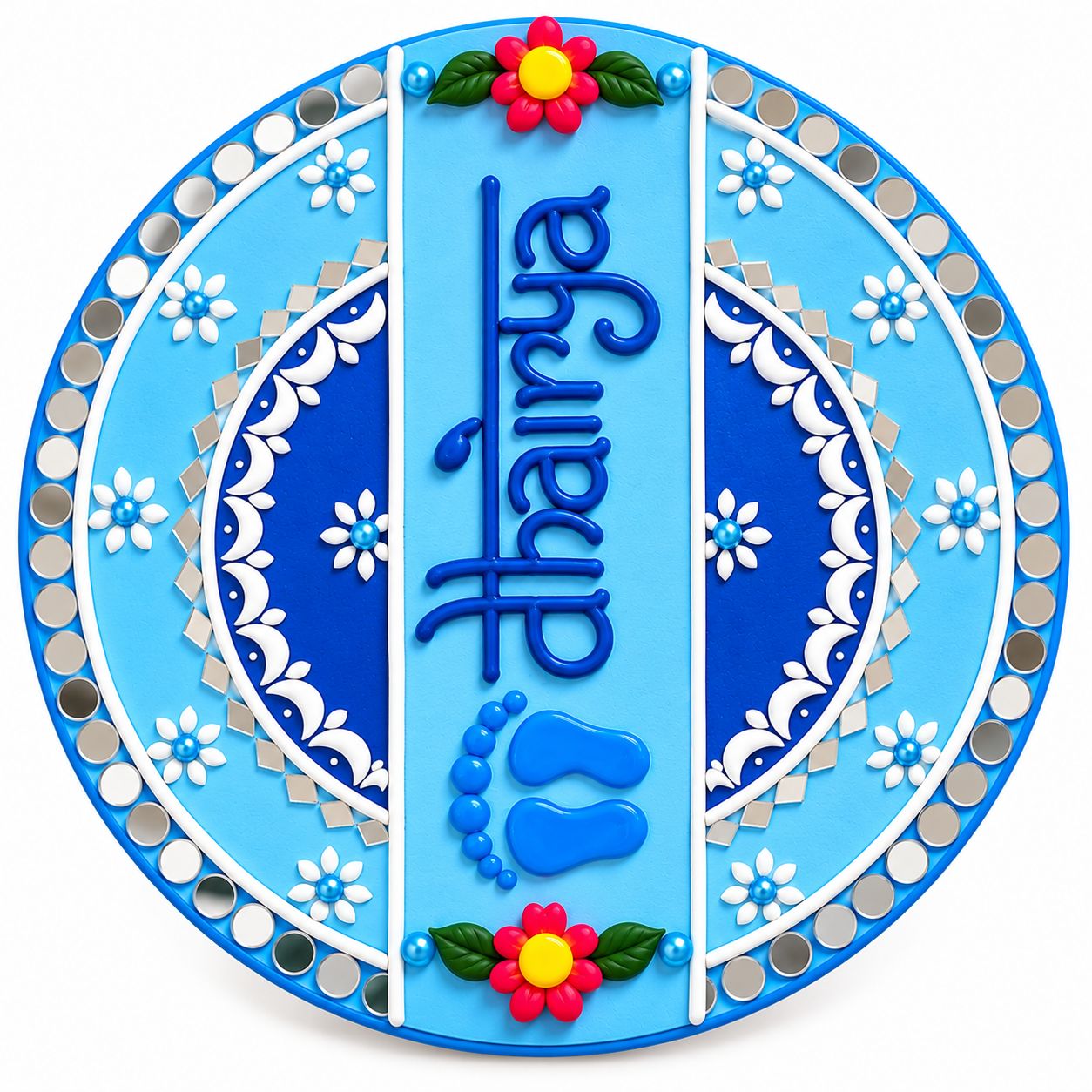 Ayodhya Lippan Art and Candle Store Blue Shubh Labh Decorative Wall Plate with Mirror Work, Floral Motifs and Traditional Home Décor Design