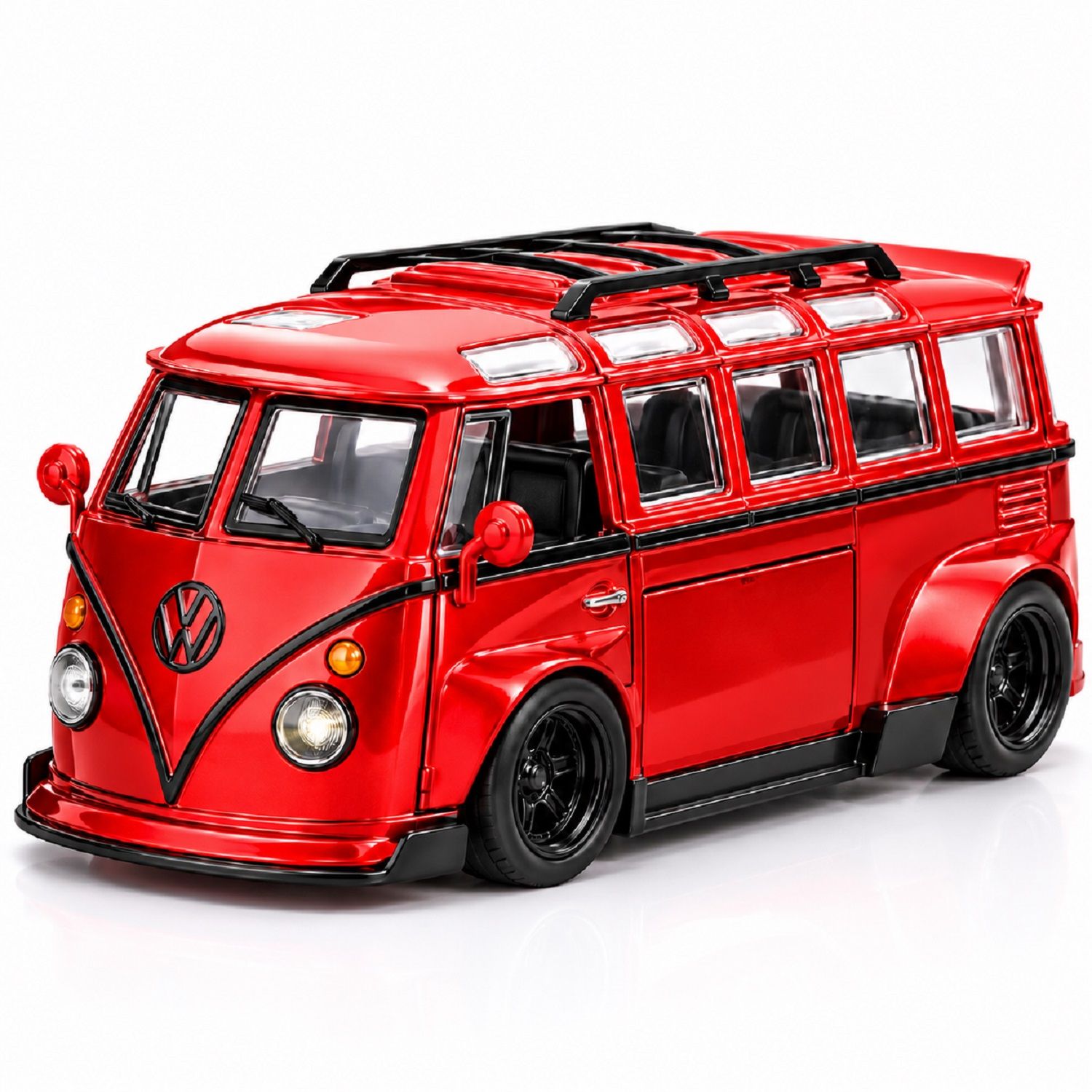 KTRS Enterprise lkswagen T1 Retro Van Toy Car, 1:24 Scale, Pull-Back Action, Opening Doors, Light and Sound Effects, Detailed Interior, Roof Rack, Collectible Toy Vehicle for Kids and Adults