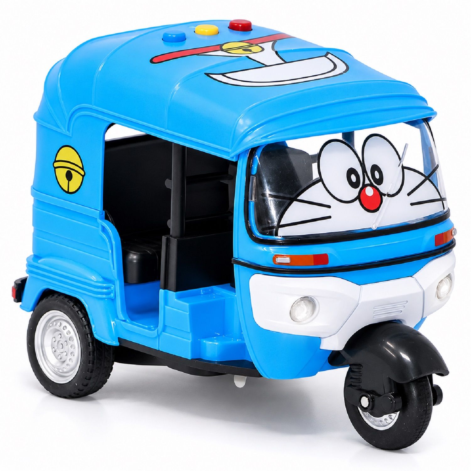 KTRS ENTERPRISE Doraemon Cartoon Auto Rickshaw Toy for Kids, Blue Three Wheeler Toy Vehicle with Open Sides, Colourful Design and Rolling Wheels, Novelty Gift for Children