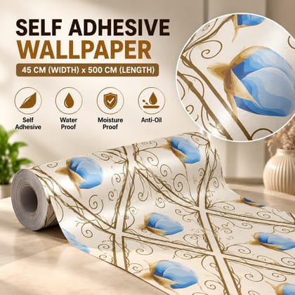 Corpliazon Services Azure Gold Bloom 500 cm x 45 cm Waterproof Decorative Vinyl Wallpaper