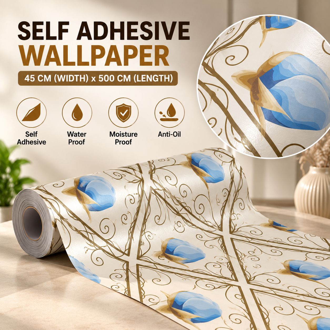 Corpliazon Services Azure Gold Bloom 500 cm x 45 cm Waterproof Decorative Vinyl Wallpaper