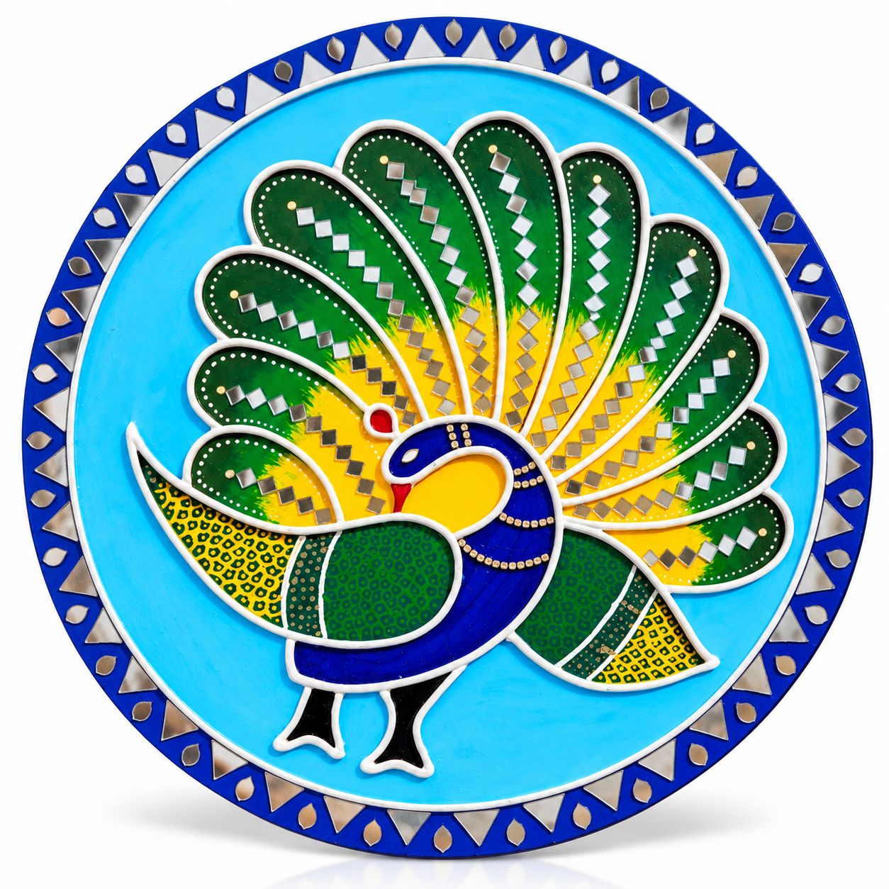 Krina Art Gallery Handcrafted Peacock Lippan Art Wall Décor with Mirror Work – Colourful Traditional Decorative Plaque for Home, Living Room and Gifting