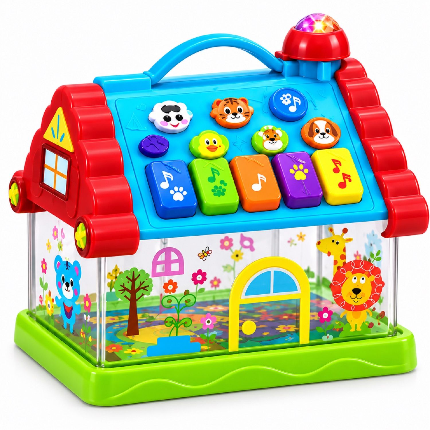 KTRS Enterprise Musical Activity House Toy for Kids, Light and Sound Keyboard, Animal Buttons, Rotating Gears and Projection Lights, Carry Handle