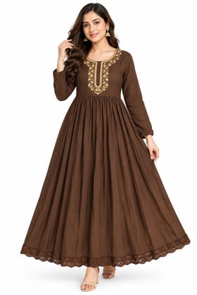 Women Solid Embroidered Anarkali Gown with 3/4 Sleeves, Lace Border and Back Tassel | Ethnic Festive Wear