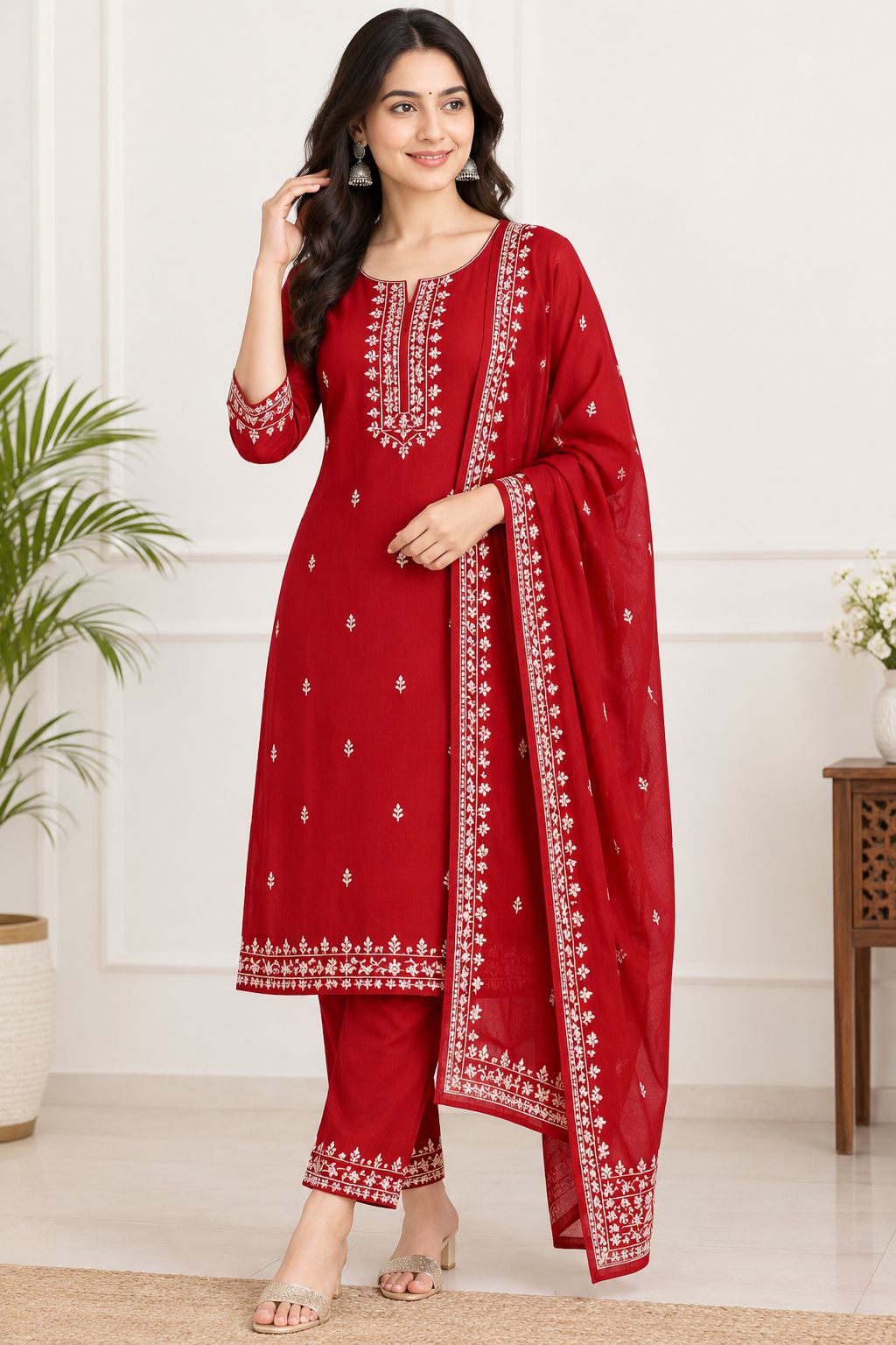 RAZEE Women's Red Embroidered Kurta Trouser & Dupatta Set