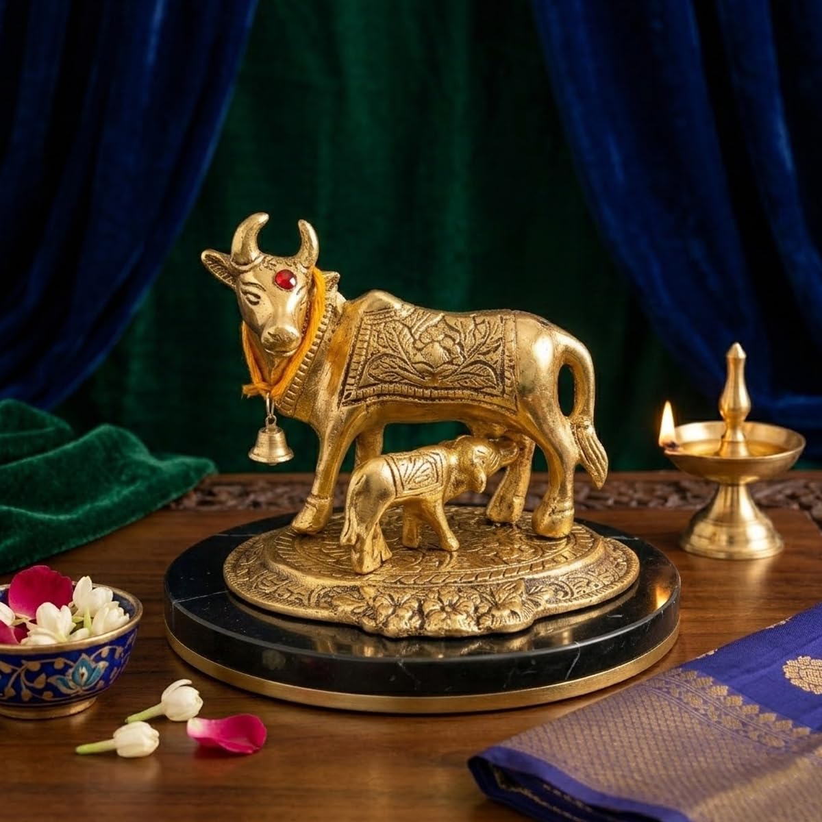Kamdhenu Cow and Calf Decorative Idol for Home Temple and Pooja