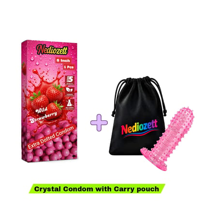 Nediozett Crystal Condom Strawberry Flavor For Long Last Action Silicone Reusable Condom Extra Dotted 5 inch with Carry Pouch (Pack of 1)