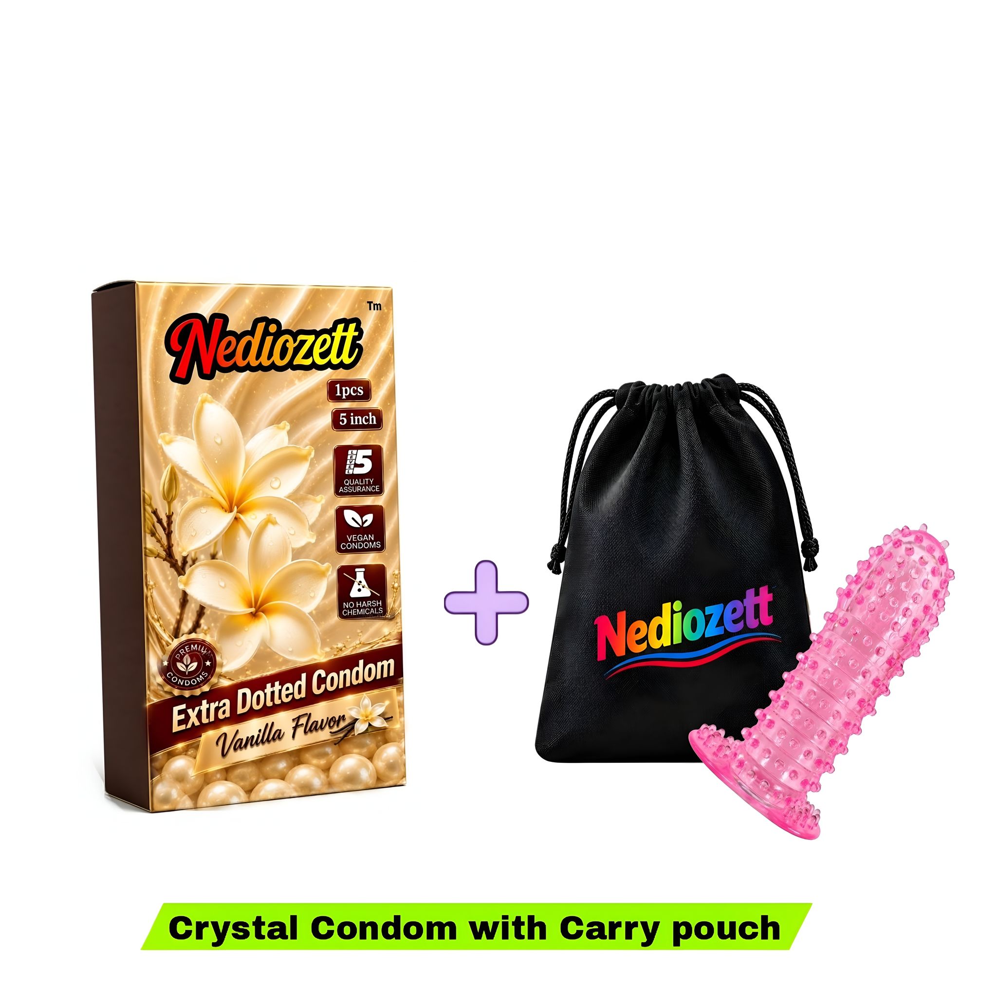 Nediozett Crystal Condom Vanilla Flavor For Long Last Action Silicone Reusable Condom Extra Dotted 5 inch with Carry Pouch (Pack of 1)