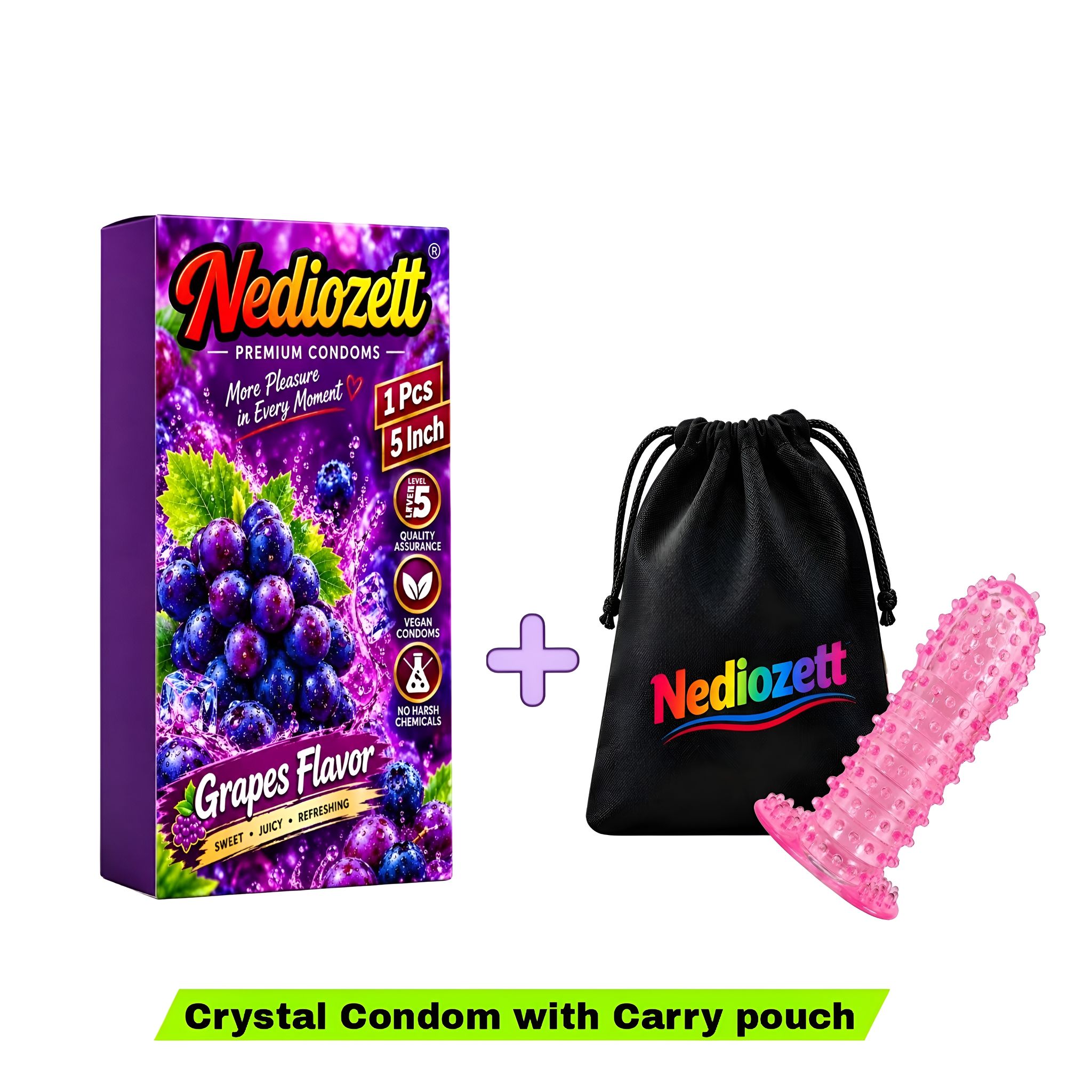 Nediozett Crystal Condom Grapes Flavor For Long Last Action Silicone Reusable Condom Extra Dotted 5 inch with Carry Pouch (Pack of 1)