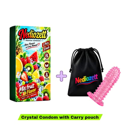 Nediozett Crystal Condom Mix Fruit Flavor For Long Last Action Silicone Reusable Condom Extra Dotted 5 inch with Carry Pouch (Pack of 1)