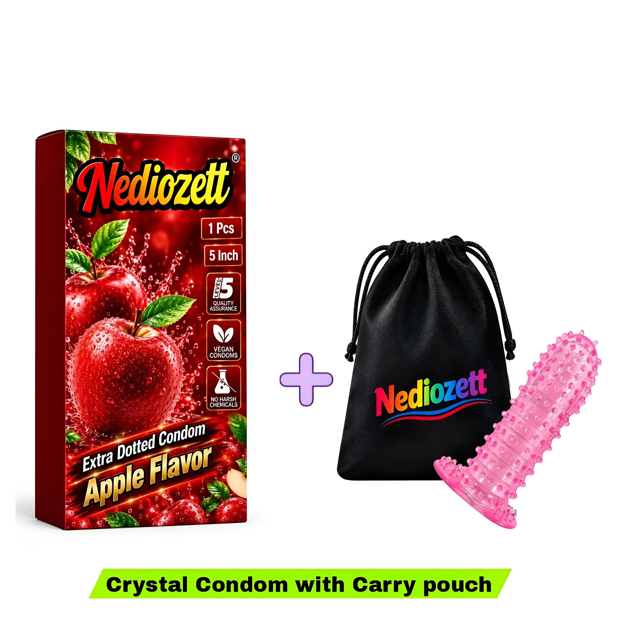 Nediozett Crystal Condom Apple Flavor For Long Last Action Silicone Reusable Condom Extra Dotted 5 inch with Carry Pouch (Pack of 1)