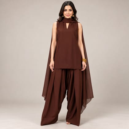 Women's Chocolate Brown Sleeveless Cape Salwar Suit Set