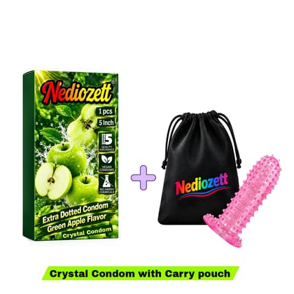 Nediozett Crystal Condom Green Apple Flavor For Long Last Action Silicone Reusable Condom Extra Dotted 5 inch with Carry Pouch (Pack of 1)