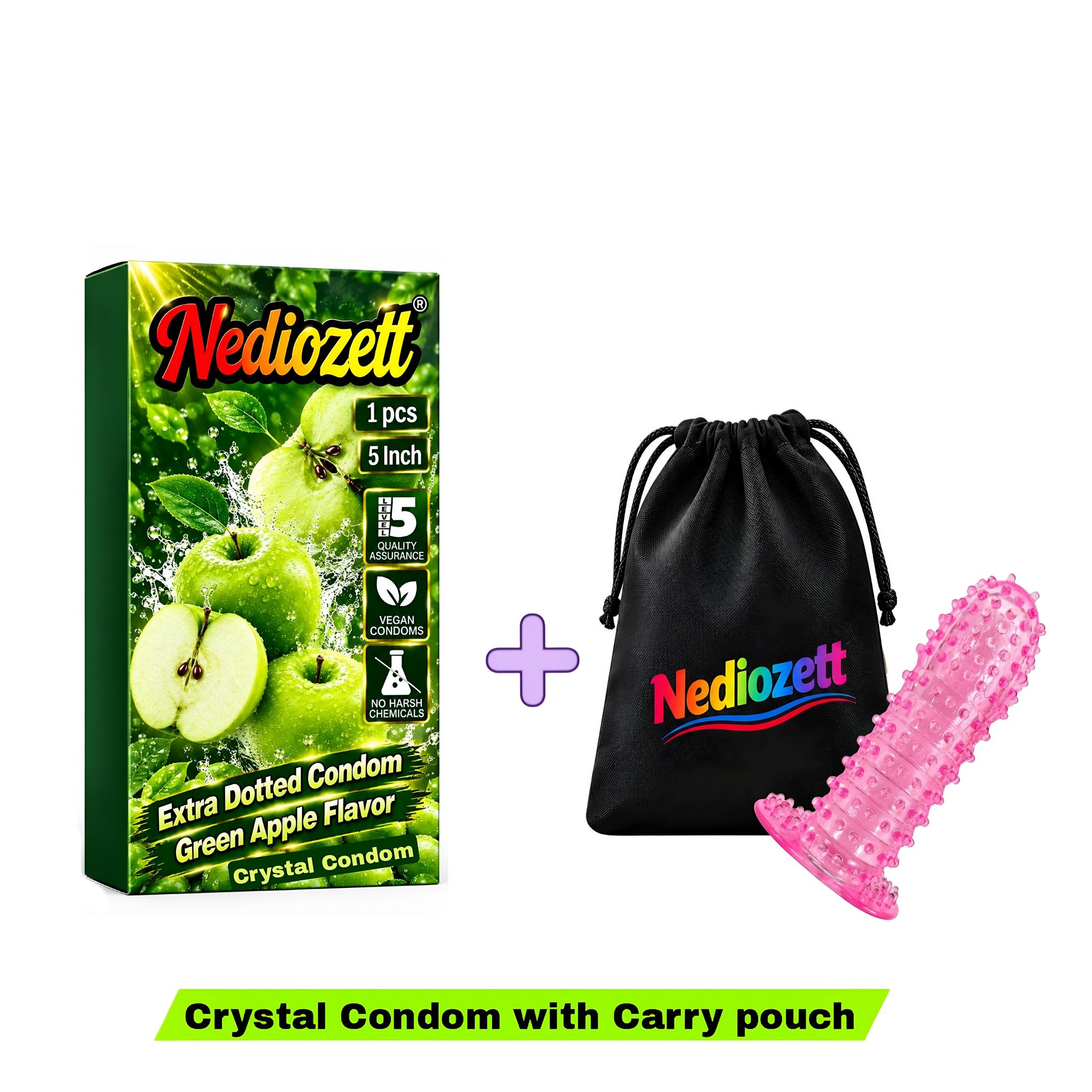 Nediozett Crystal Condom Green Apple Flavor For Long Last Action Silicone Reusable Condom Extra Dotted 5 inch with Carry Pouch (Pack of 1)