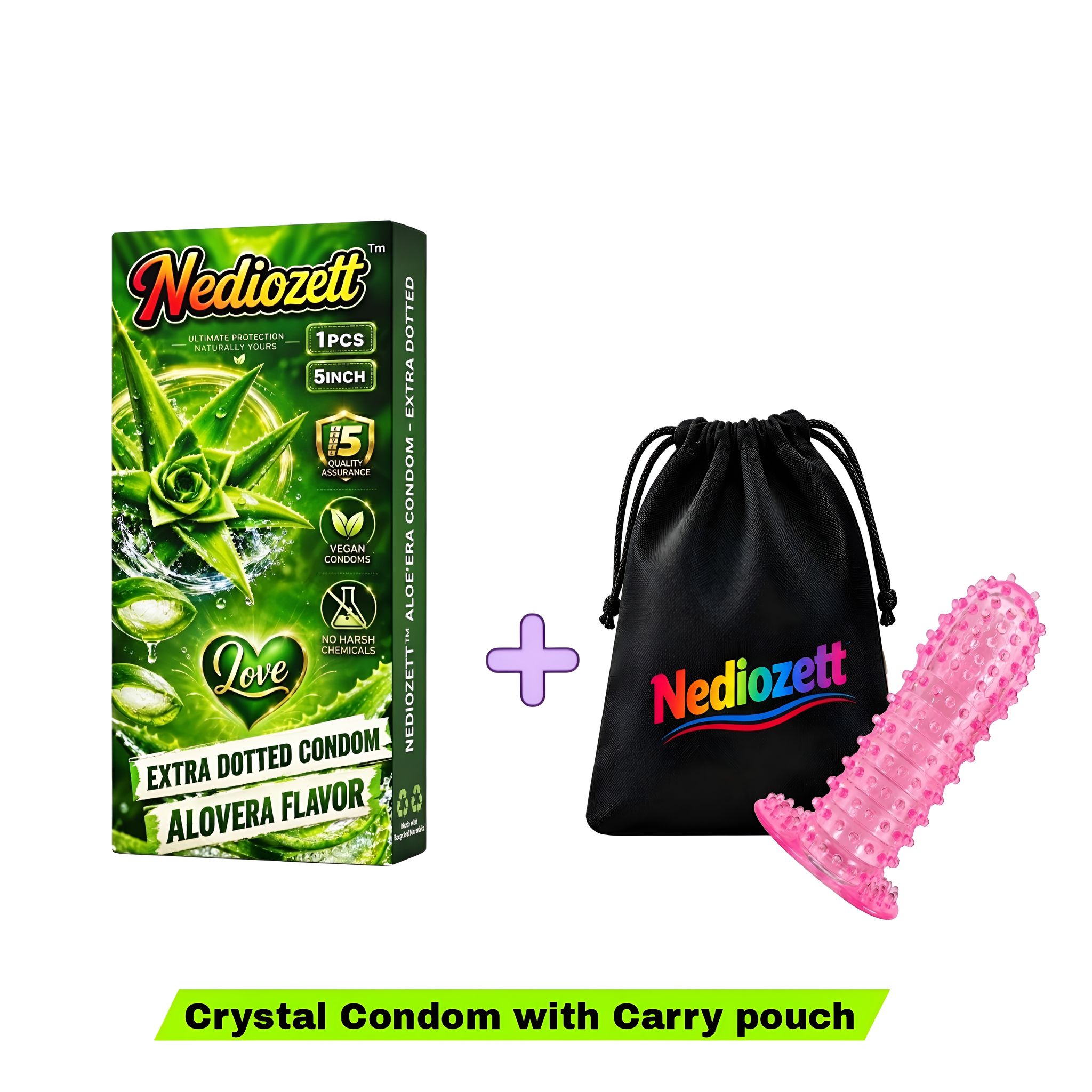Nediozett Crystal Condom Aloe Vera Flavor For Long Last Action Silicone Reusable Condom Extra Dotted 5 inch with Carry Pouch (Pack of 1)