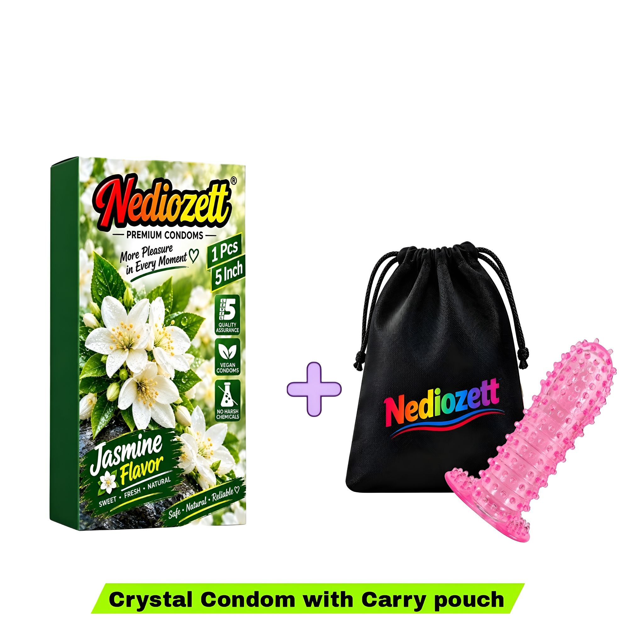 Nediozett Crystal Condom Jasmine Flavor For Long Last Action Silicone Reusable Condom Extra Dotted 5 inch with Carry Pouch (Pack of 1)