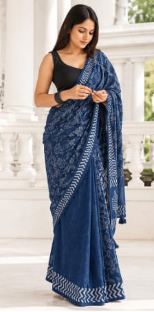 Women's Indigo Blue Cotton Linen Saree with Floral Hand Block Prints and Tassels