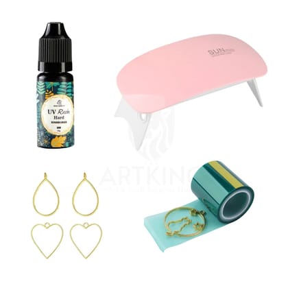10g UV Resin Pendant & Earing Jewellery Making Combo Kit for Resin Art | UV Resin(10g), UV Curing Light x 1, UV Tape x 1, Golden Metal Blank Bezels x 4