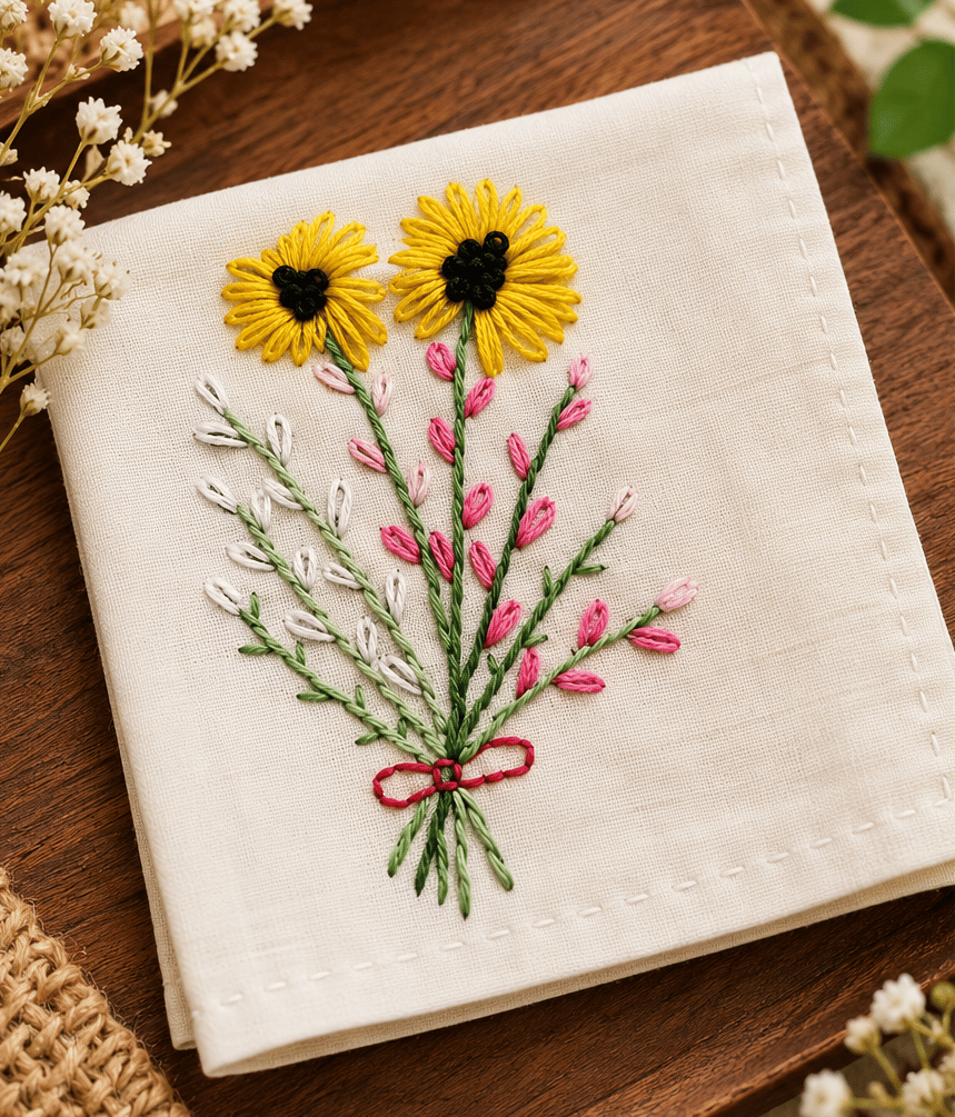 Hand Embroidered Sunflower Bouquet Table Napkin