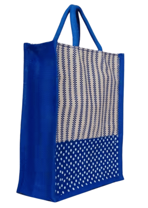 Reusable Blue Jute Bag with Striped and Polka Dot Print