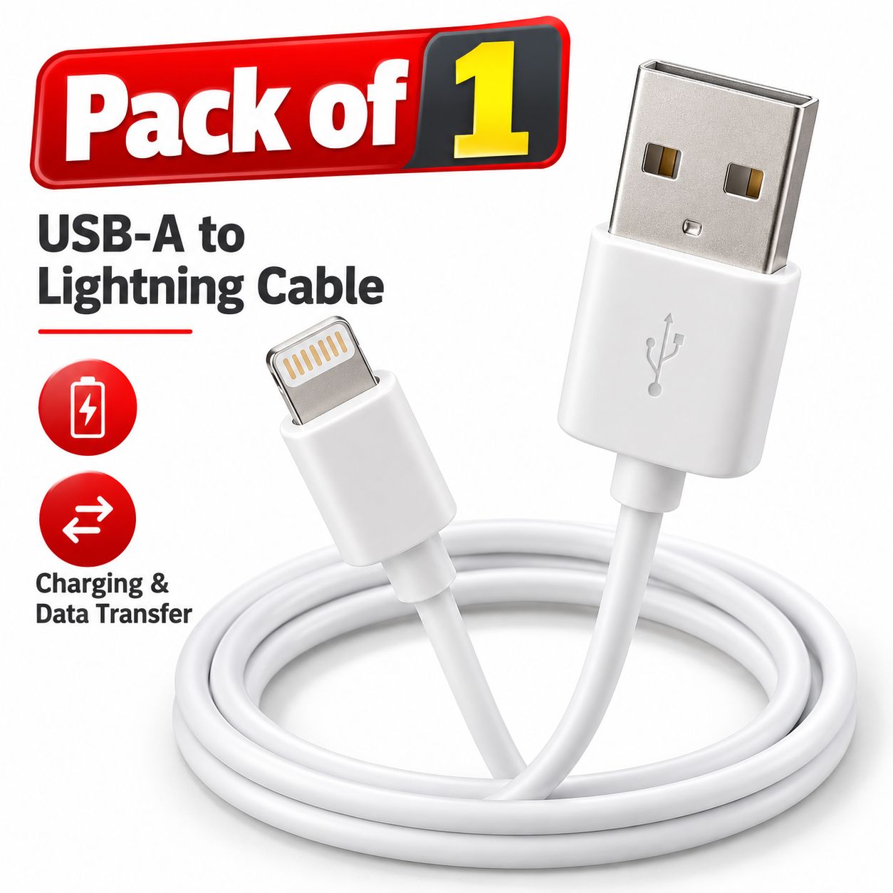 USB-A to Lightning Cable 1 Meter - Fast Charging for iPhone (Pack of 1)