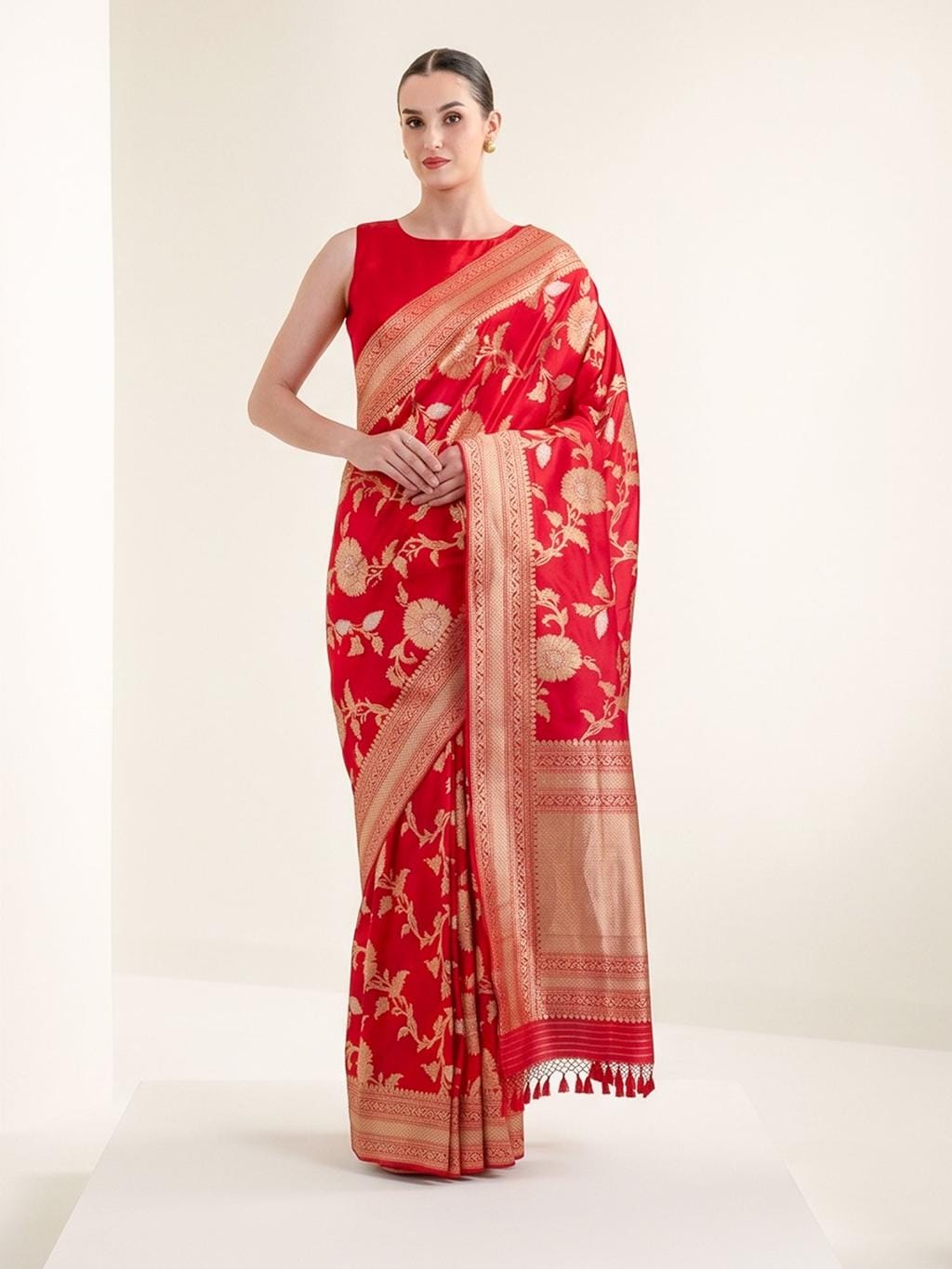 Red Banarasi Silk Saree with Gold Zari Floral Brocade