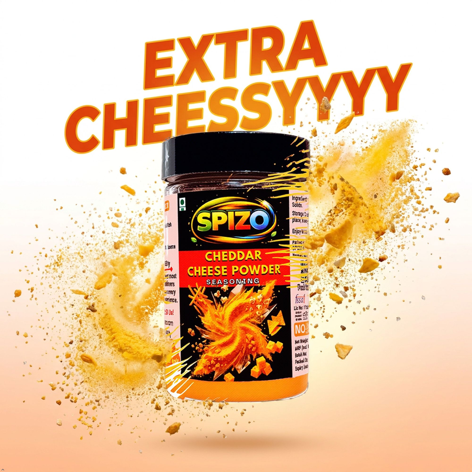 SPIZO Premium Quality Extra Cheeeessssy Cheddar Cheese Powder | Cheese Seasoning & Cheese Sprinkle for Popcorn, French Fries, Pasta, Pizza, Nachos, Noodles, Garlic Bread, Sandwiches, Burgers & Snacks | Rich Creamy Flavor