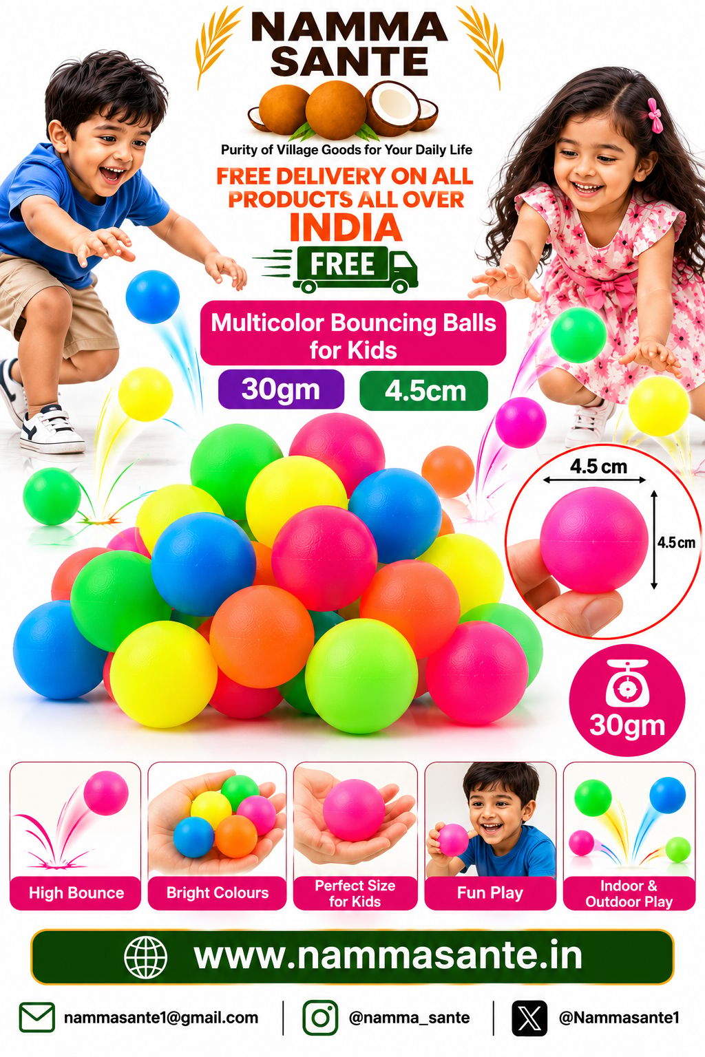 Multicolor Bouncing Balls for Kids 30gm 4.5cm