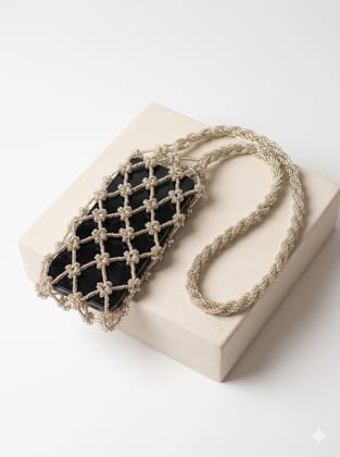 Silver Beaded Crossbody Phone Bag with Braided Strap