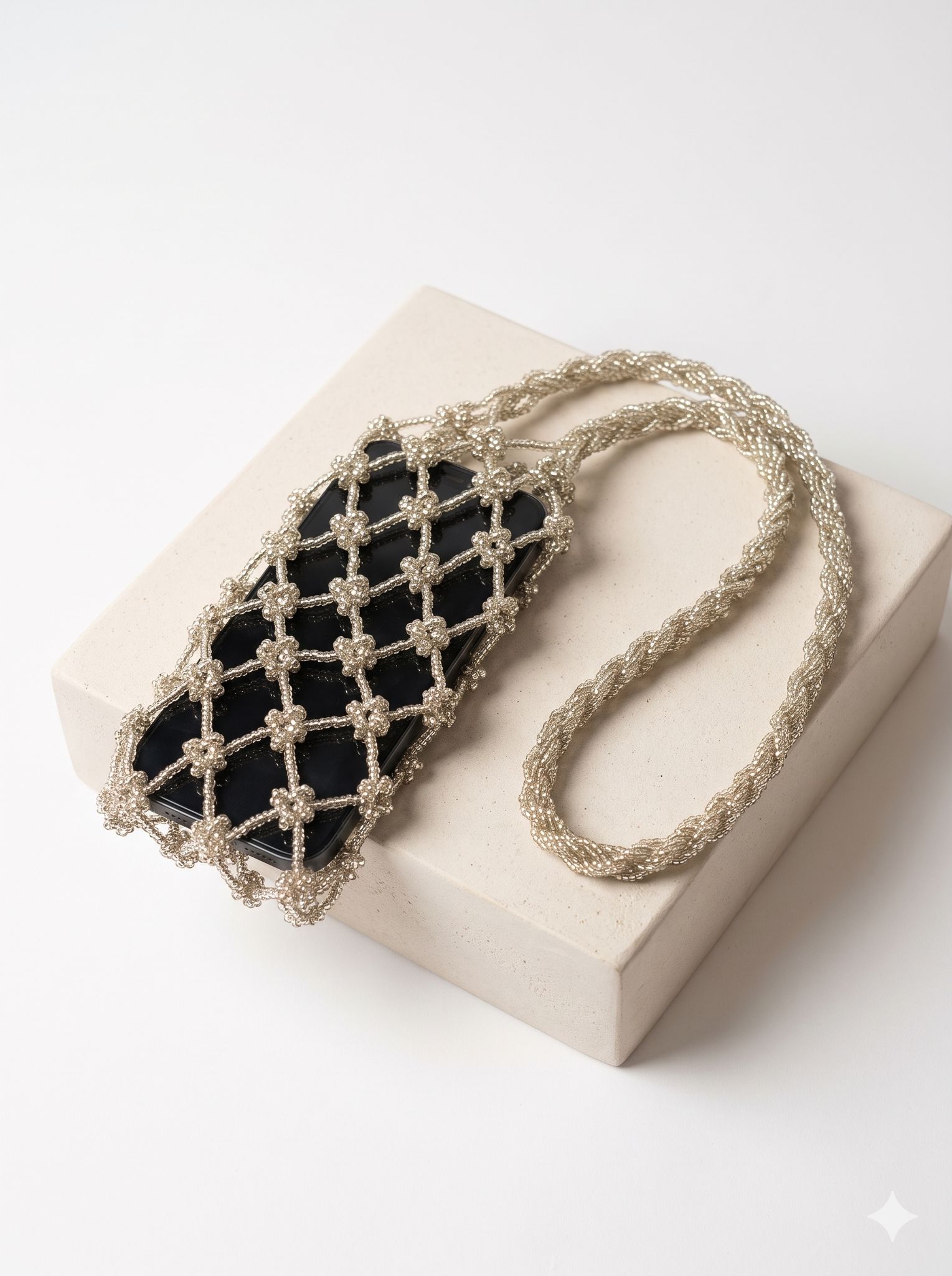 Silver Beaded Crossbody Phone Bag with Braided Strap