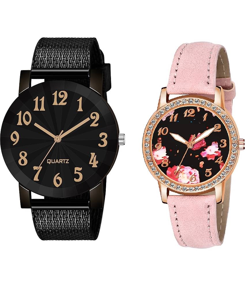 Cosmic - Black Leather Analog Couple's Watch