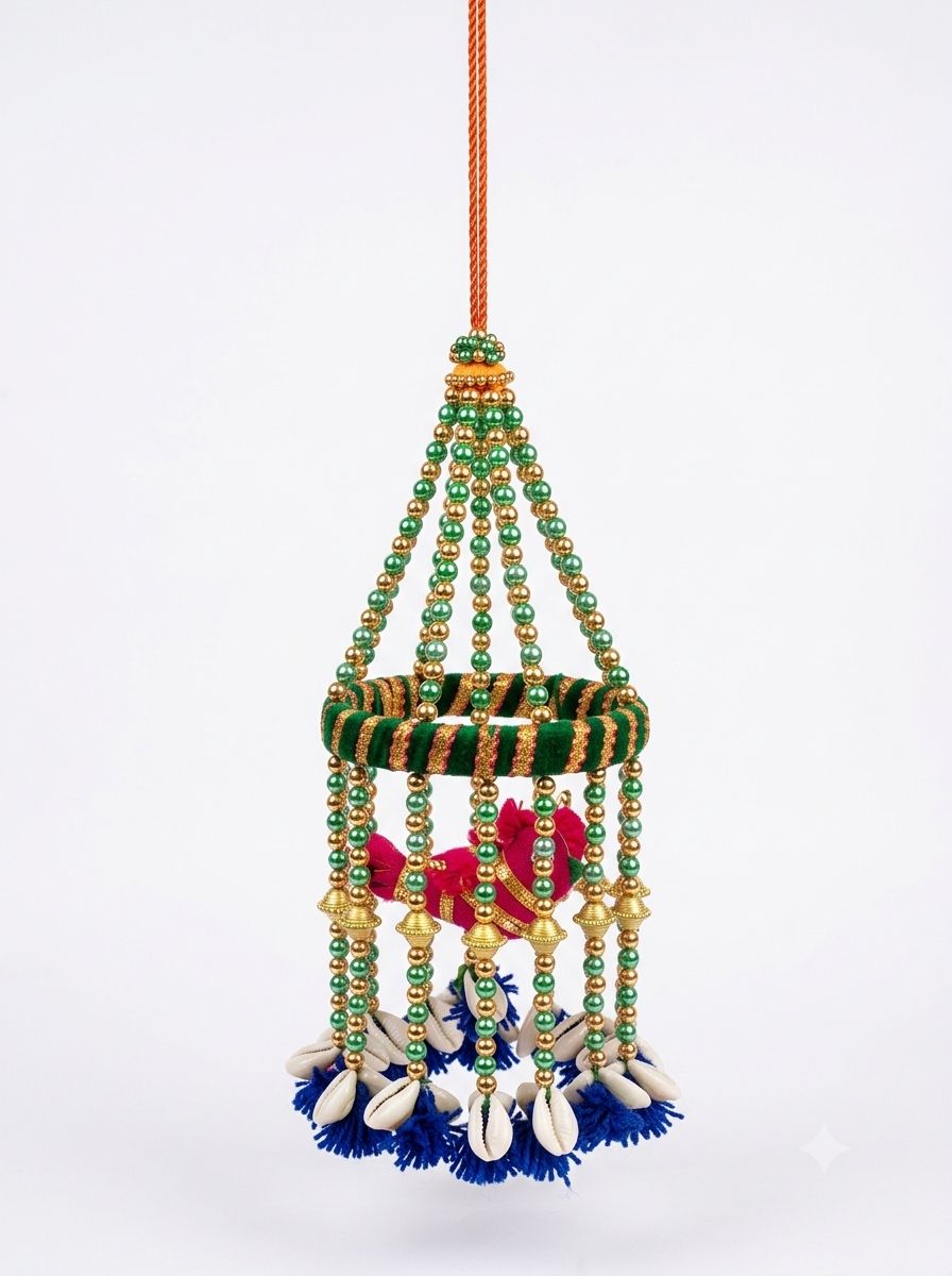 Handcrafted Ethnic Jhumar Wall & Door Hanging – Traditional Bird Cage Latkan with Cowrie Shells (Kodi), Golden Beads & Thread Tassels