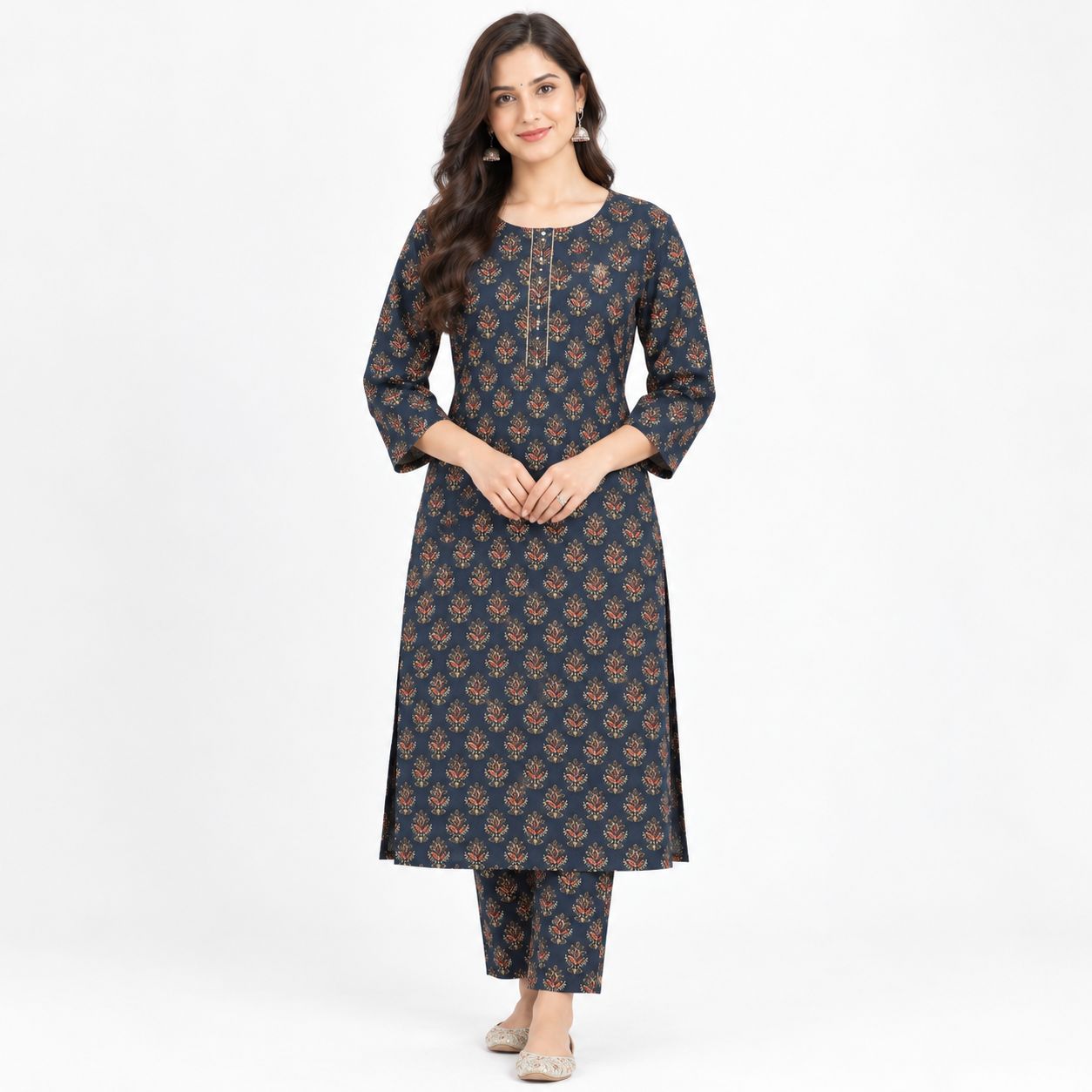 Women's Navy Blue Floral Printed embroidered kurta