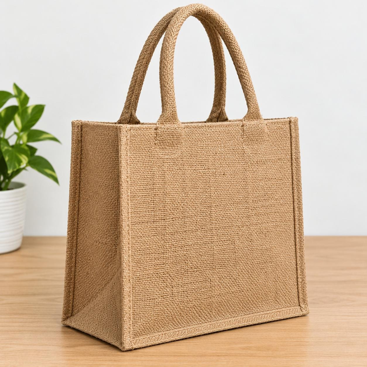Natural Jute Burlap Tote Bag with Reinforced Handles