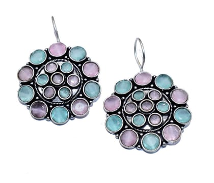 Silver Stone Work Oxidized Hook Earrings , SER-199-Per Pair