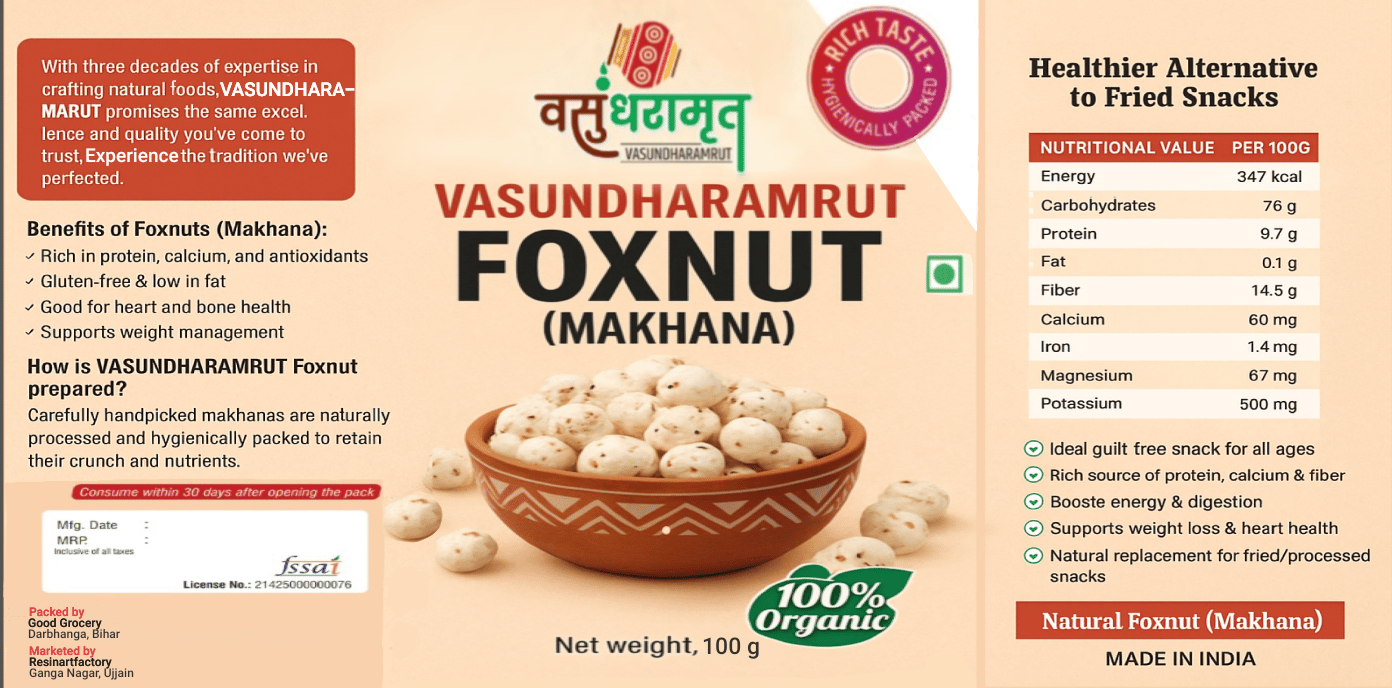 Vasundharamrut Organic Foxnuts (Makhana)  Protein-Rich, Gluten-Free Superfood Snack