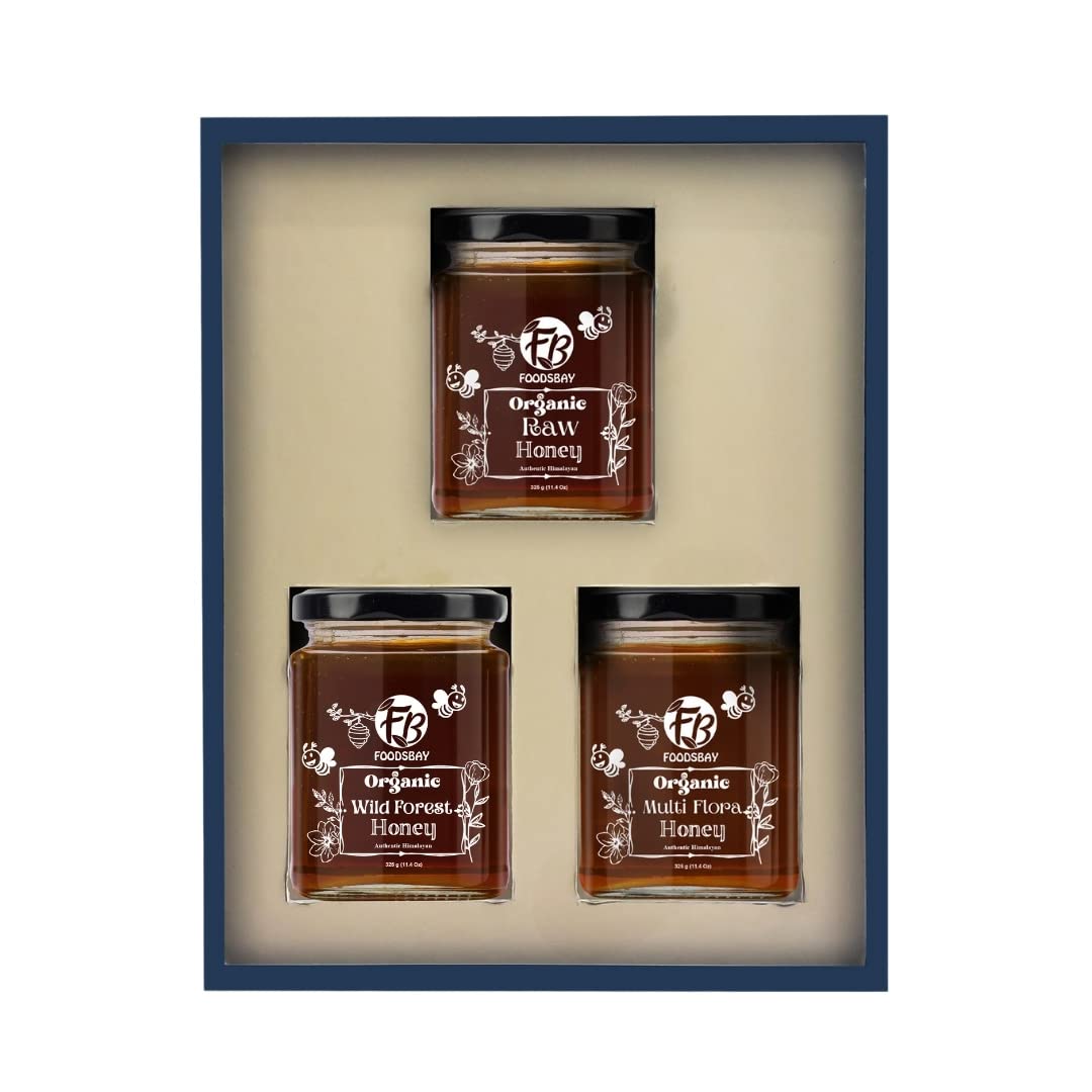 Foodsbay Pure Organic Honey Gift Set - Pack of Organic Raw, Wild Forest and Multi Flora Honey. Collected from Hives of Giant Himalayan Bees. No Artificial Flavour, Sugar. 100% Natural (325 gm x 3)