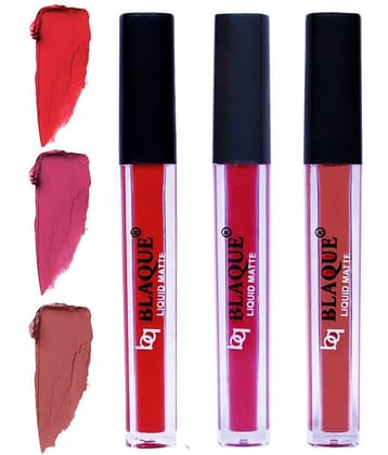 bq BLAQUE Matte Liquid Lipstick Combo of 3 Lip Color 4ml each, Waterproof - Orangish Red, Fuschia Pink, Brown