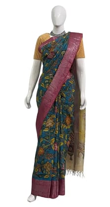 Kalamkari Tussar Silk Saree Teal Blue Peacock Pallu