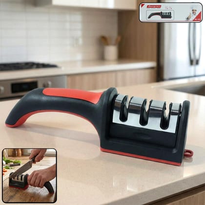 Manual Red & Black Knife Sharpener 3 Stage Sharpening Tool for Ceramic Knife and Steel Knives.