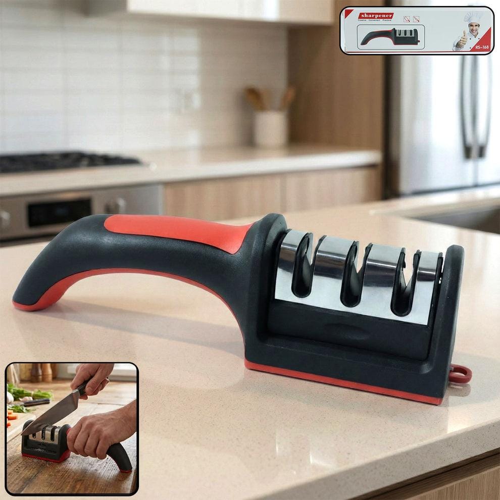 Manual Red & Black Knife Sharpener 3 Stage Sharpening Tool for Ceramic Knife and Steel Knives.