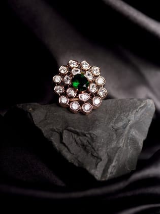 Rose Gold Plated Green AD Studded Floral Adjustable Cocktail Finger Rings