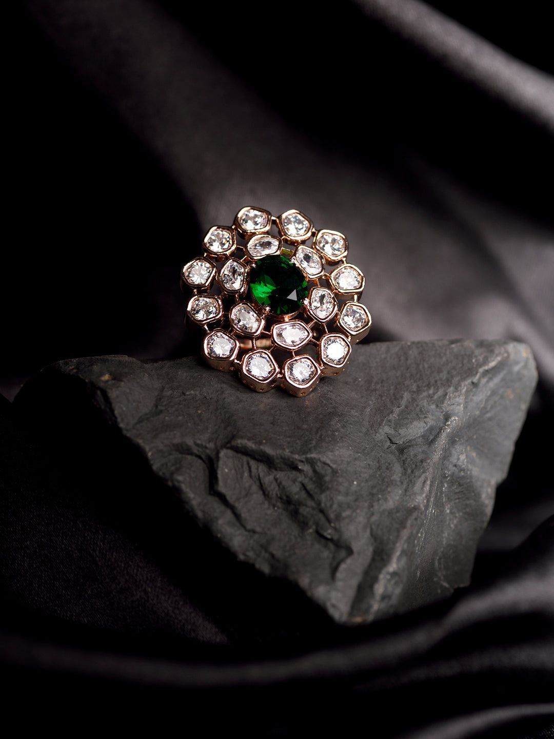 Rose Gold Plated Green AD Studded Floral Adjustable Cocktail Finger Rings