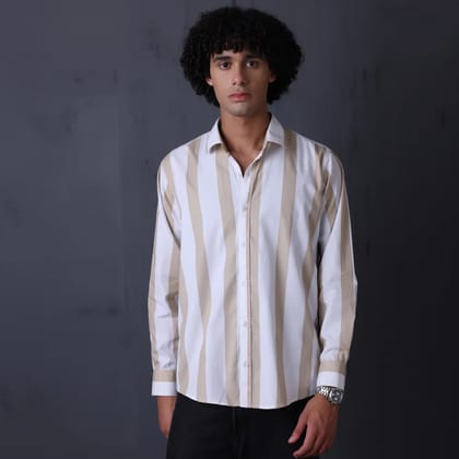 STRIPE CASUAL COTTON SHIRT (WHITE KHAKI)-M