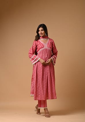 Pink Khadi Print Anarkali Suit-L