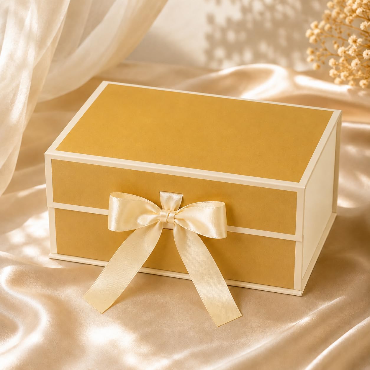 1 Piece Collapsible Magnetic Gift Box with Ribbon, Premium Gift Box for Diwali Festive Gifting, Gift Hamper, Birthday, Wedding, Return Gifts & Packaging (25 x 20 x 10 cm) (Golden)
