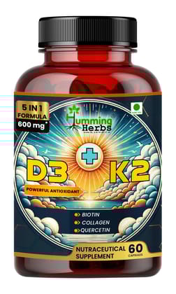 Humming Herbs High Potency Vitamin D3 + K2 Supplement with Biotin, Collagen Builder, Quercetin - Supports Bone Strength, Heart Health & Immune System - Skin & Hair Vitality