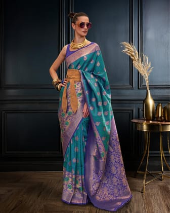 Antrang Banarasi Silk Turquoise Blue Saree