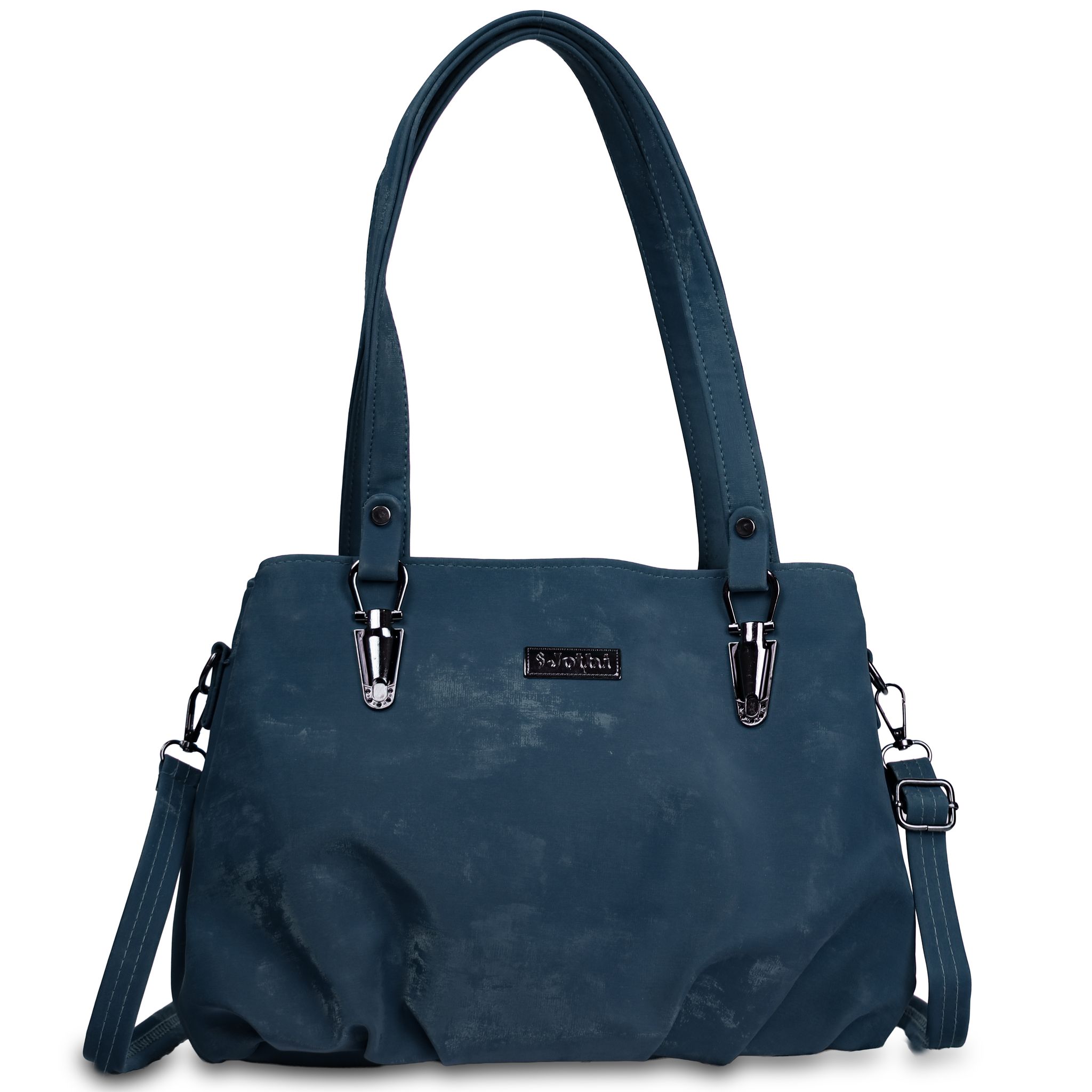 Jothi Asuka Premium Womens Handbag | 3-Compartment Synthetic Leather Tote | Velvet Textured Finish | Lightweight & Spacious | Detachable Shoulder Strap | Navy Blue