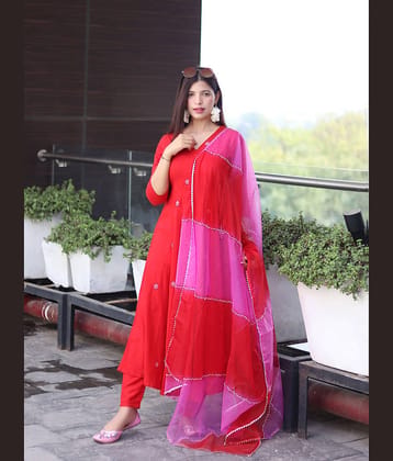 Royal Export Viscose Embroidered Kurti With Pants Women's Stitched Salwar Suit - Red ( Pack of 1 )